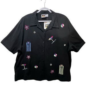 VTG JBM Sport 3X Black Button Front Shoulder Pads Beach Embroidery, Cotton, NWT